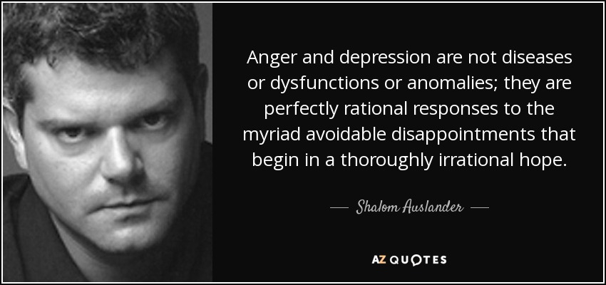 Anger and depression are not diseases or dysfunctions or anomalies; they are perfectly rational responses to the myriad avoidable disappointments that begin in a thoroughly irrational hope. - Shalom Auslander