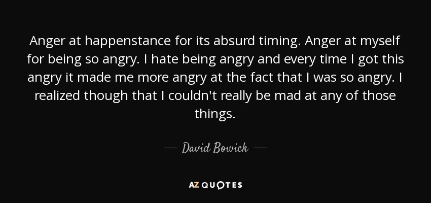 Anger at happenstance for its absurd timing. Anger at myself for being so angry. I hate being angry and every time I got this angry it made me more angry at the fact that I was so angry. I realized though that I couldn't really be mad at any of those things. - David Bowick