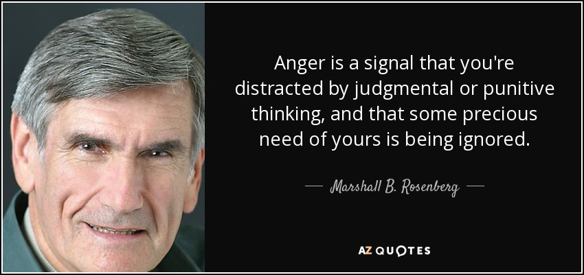 Anger is a signal that you're distracted by judgmental or punitive thinking, and that some precious need of yours is being ignored. - Marshall B. Rosenberg