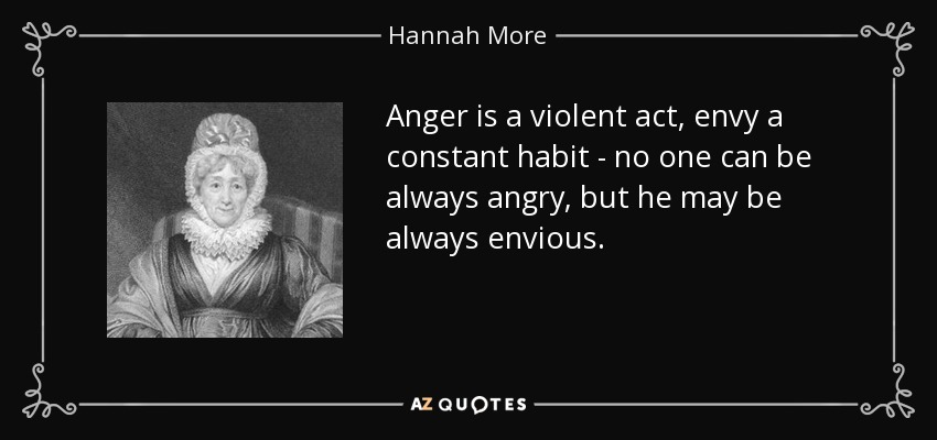 Anger is a violent act, envy a constant habit - no one can be always angry, but he may be always envious. - Hannah More