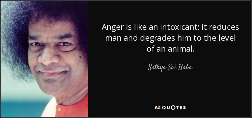 Anger is like an intoxicant; it reduces man and degrades him to the level of an animal. - Sathya Sai Baba