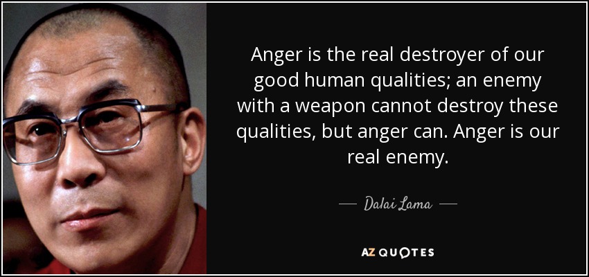 Anger is the real destroyer of our good human qualities; an enemy with a weapon cannot destroy these qualities, but anger can. Anger is our real enemy. - Dalai Lama
