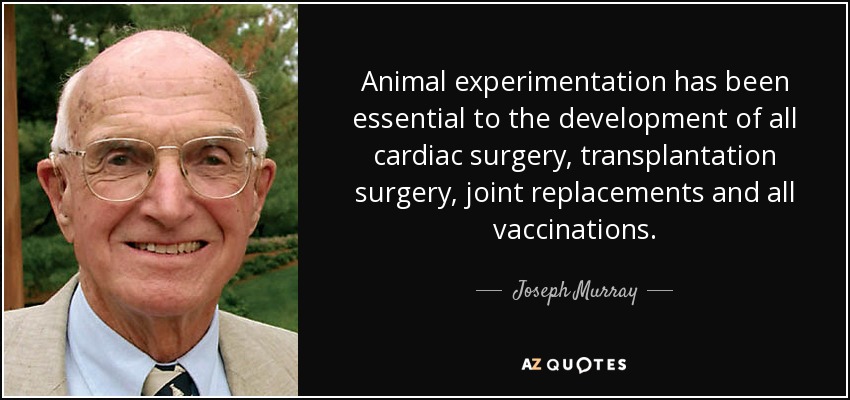 Animal experimentation has been essential to the development of all cardiac surgery, transplantation surgery, joint replacements and all vaccinations. - Joseph Murray