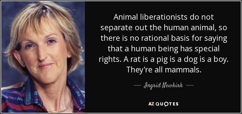 Animal liberationists do not separate out the human animal, so there is no rational basis for saying that a human being has special rights. A rat is a pig is a dog is a boy. They're all mammals. - Ingrid Newkirk