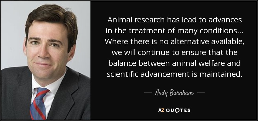 Animal research has lead to advances in the treatment of many conditions... Where there is no alternative available, we will continue to ensure that the balance between animal welfare and scientific advancement is maintained. - Andy Burnham