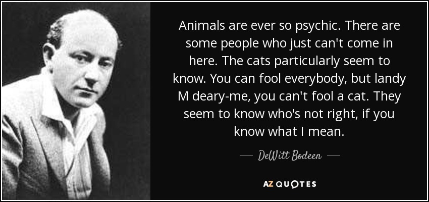 Animals are ever so psychic. There are some people who just can't come in here. The cats particularly seem to know. You can fool everybody, but landy M deary-me, you can't fool a cat. They seem to know who's not right, if you know what I mean. - DeWitt Bodeen