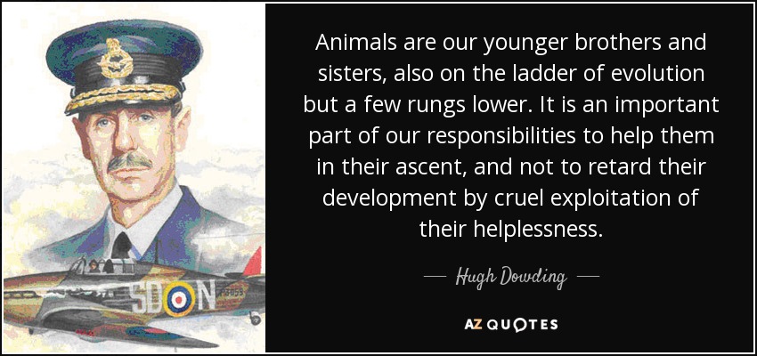 Animals are our younger brothers and sisters, also on the ladder of evolution but a few rungs lower. It is an important part of our responsibilities to help them in their ascent, and not to retard their development by cruel exploitation of their helplessness. - Hugh Dowding, 1st Baron Dowding