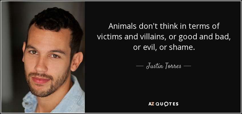 Animals don't think in terms of victims and villains, or good and bad, or evil, or shame. - Justin Torres