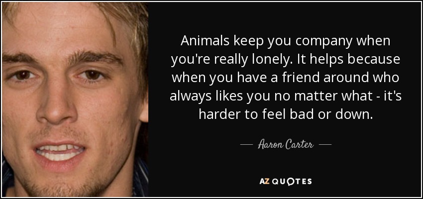 Animals keep you company when you're really lonely. It helps because when you have a friend around who always likes you no matter what - it's harder to feel bad or down. - Aaron Carter