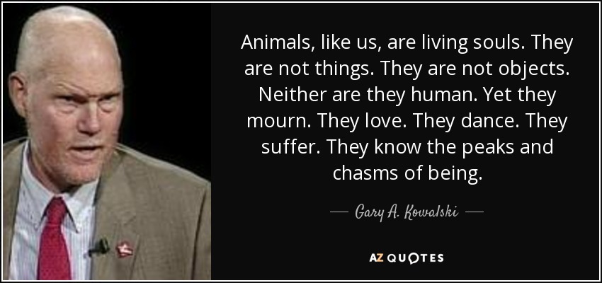Animals, like us, are living souls. They are not things. They are not objects. Neither are they human. Yet they mourn. They love. They dance. They suffer. They know the peaks and chasms of being. - Gary A. Kowalski