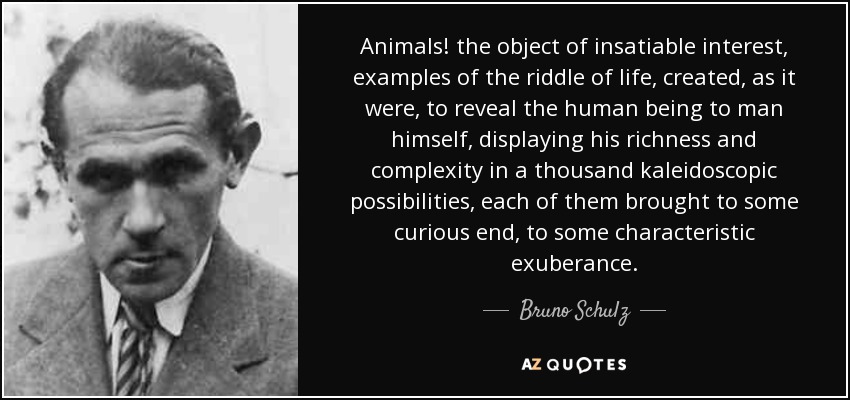 Animals! the object of insatiable interest, examples of the riddle of life, created, as it were, to reveal the human being to man himself, displaying his richness and complexity in a thousand kaleidoscopic possibilities, each of them brought to some curious end, to some characteristic exuberance. - Bruno Schulz