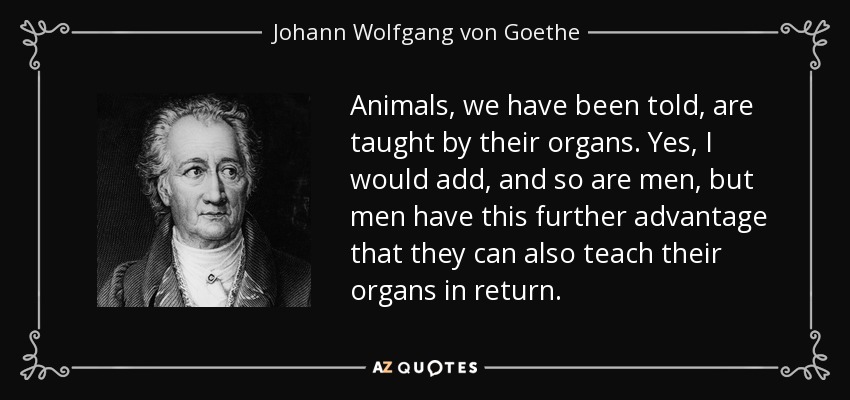 Animals, we have been told, are taught by their organs. Yes, I would add, and so are men, but men have this further advantage that they can also teach their organs in return. - Johann Wolfgang von Goethe