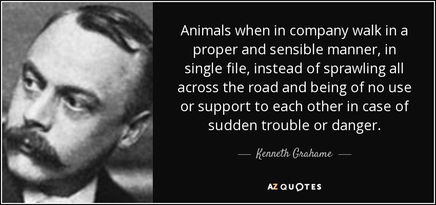 Animals when in company walk in a proper and sensible manner, in single file, instead of sprawling all across the road and being of no use or support to each other in case of sudden trouble or danger. - Kenneth Grahame