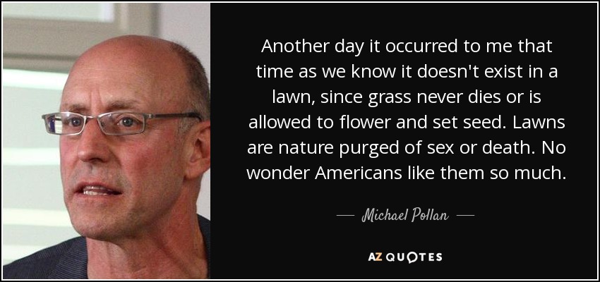 Another day it occurred to me that time as we know it doesn't exist in a lawn, since grass never dies or is allowed to flower and set seed. Lawns are nature purged of sex or death. No wonder Americans like them so much. - Michael Pollan