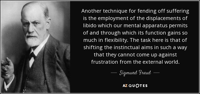 Another technique for fending off suffering is the employment of the displacements of libido which our mental apparatus permits of and through which its function gains so much in flexibility. The task here is that of shifting the instinctual aims in such a way that they cannot come up against frustration from the external world. - Sigmund Freud