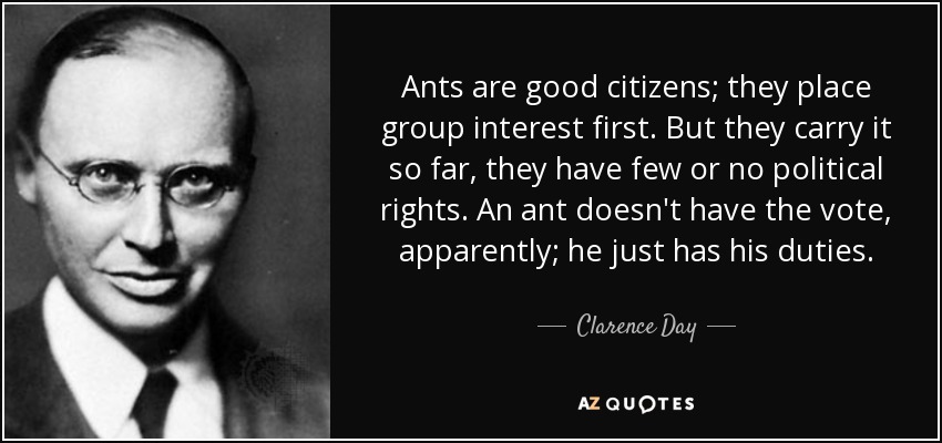 Ants are good citizens; they place group interest first. But they carry it so far, they have few or no political rights. An ant doesn't have the vote, apparently; he just has his duties. - Clarence Day