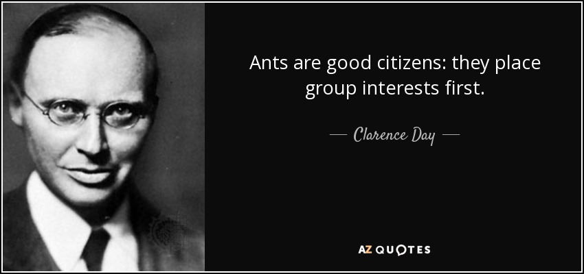 Ants are good citizens: they place group interests first. - Clarence Day