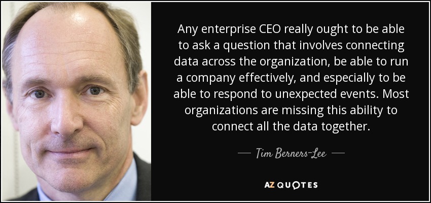 Any enterprise CEO really ought to be able to ask a question that involves connecting data across the organization, be able to run a company effectively, and especially to be able to respond to unexpected events. Most organizations are missing this ability to connect all the data together. - Tim Berners-Lee