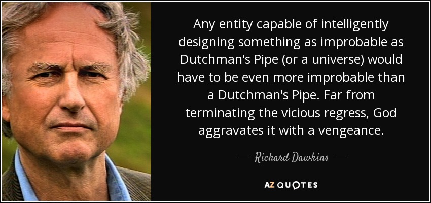 Any entity capable of intelligently designing something as improbable as Dutchman's Pipe (or a universe) would have to be even more improbable than a Dutchman's Pipe. Far from terminating the vicious regress, God aggravates it with a vengeance. - Richard Dawkins