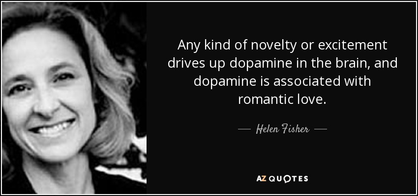 Any kind of novelty or excitement drives up dopamine in the brain, and dopamine is associated with romantic love. - Helen Fisher