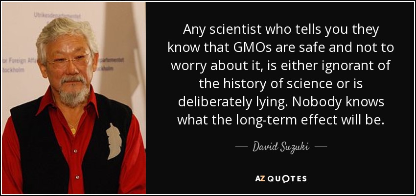 Any scientist who tells you they know that GMOs are safe and not to worry about it, is either ignorant of the history of science or is deliberately lying. Nobody knows what the long-term effect will be. - David Suzuki