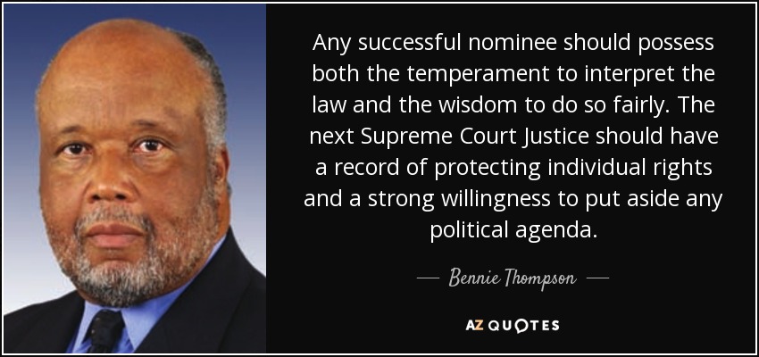Any successful nominee should possess both the temperament to interpret the law and the wisdom to do so fairly. The next Supreme Court Justice should have a record of protecting individual rights and a strong willingness to put aside any political agenda. - Bennie Thompson