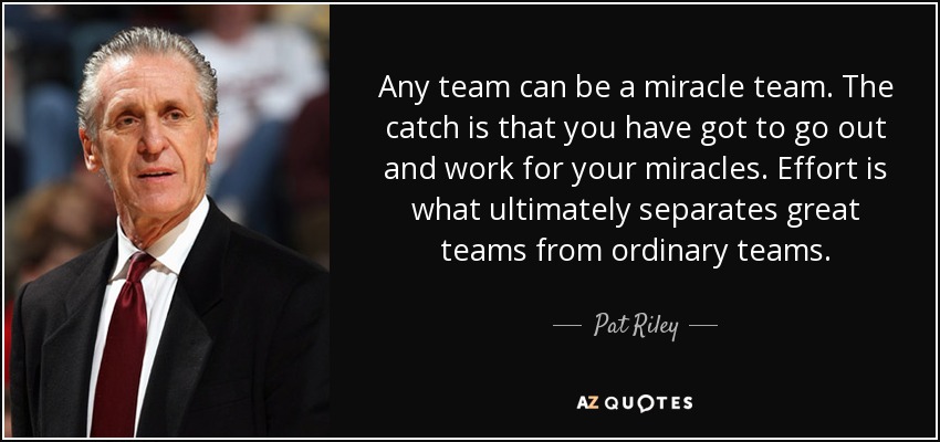 Any team can be a miracle team. The catch is that you have got to go out and work for your miracles. Effort is what ultimately separates great teams from ordinary teams. - Pat Riley