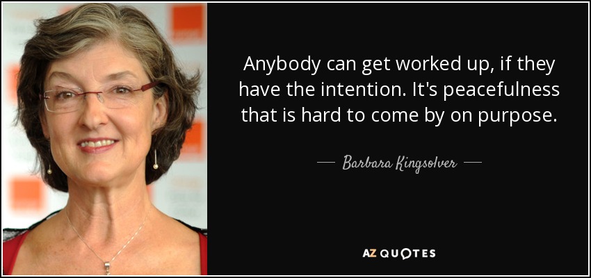 Anybody can get worked up, if they have the intention. It's peacefulness that is hard to come by on purpose. - Barbara Kingsolver