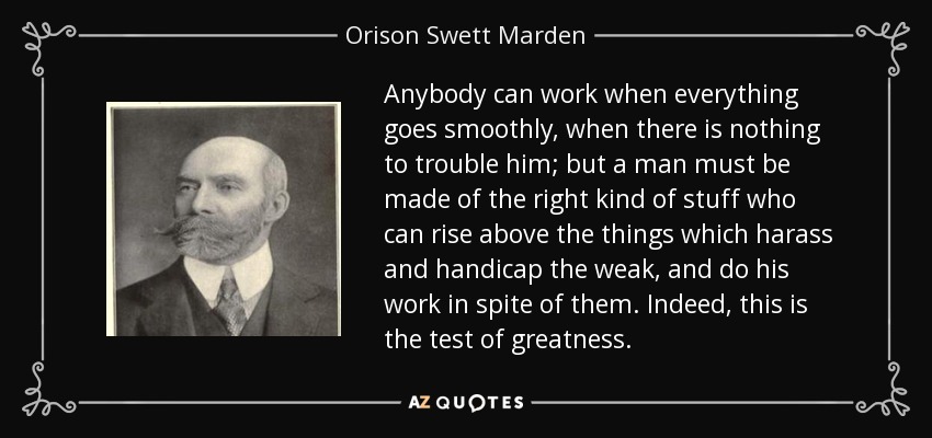 Anybody can work when everything goes smoothly, when there is nothing to trouble him; but a man must be made of the right kind of stuff who can rise above the things which harass and handicap the weak, and do his work in spite of them. Indeed, this is the test of greatness. - Orison Swett Marden