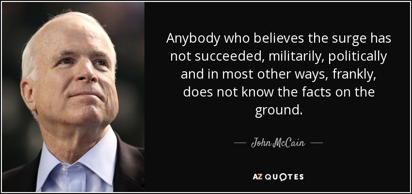 Anybody who believes the surge has not succeeded, militarily, politically and in most other ways, frankly, does not know the facts on the ground. - John McCain