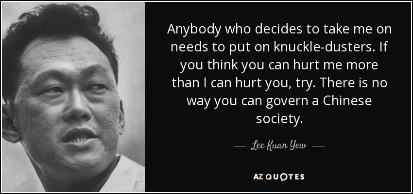 Anybody who decides to take me on needs to put on knuckle-dusters. If you think you can hurt me more than I can hurt you, try. There is no way you can govern a Chinese society. - Lee Kuan Yew
