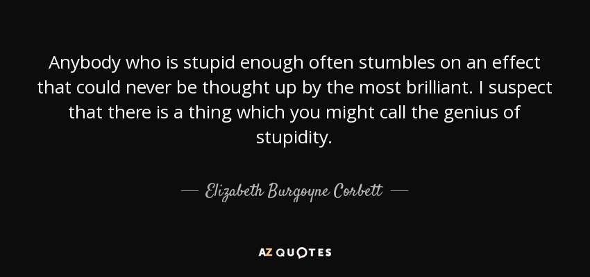 Anybody who is stupid enough often stumbles on an effect that could never be thought up by the most brilliant. I suspect that there is a thing which you might call the genius of stupidity. - Elizabeth Burgoyne Corbett