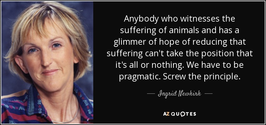 Anybody who witnesses the suffering of animals and has a glimmer of hope of reducing that suffering can't take the position that it's all or nothing. We have to be pragmatic. Screw the principle. - Ingrid Newkirk