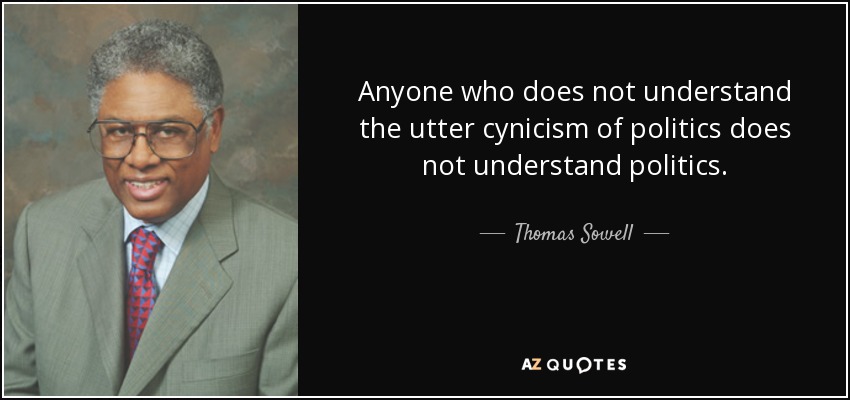 Anyone who does not understand the utter cynicism of politics does not understand politics. - Thomas Sowell