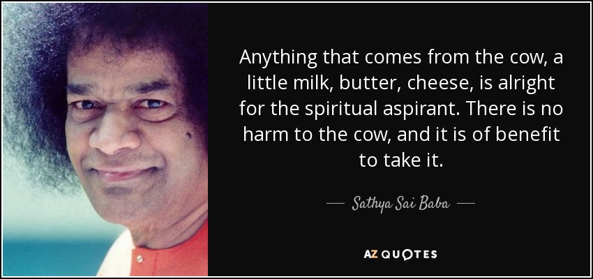Anything that comes from the cow, a little milk, butter, cheese, is alright for the spiritual aspirant. There is no harm to the cow, and it is of benefit to take it. - Sathya Sai Baba
