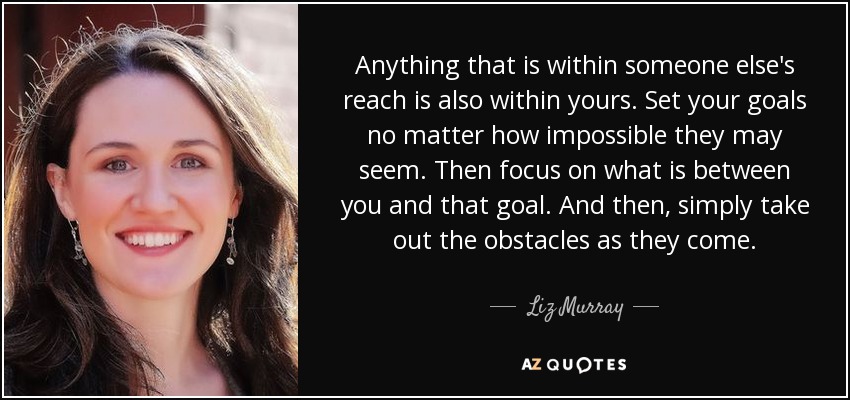 Anything that is within someone else's reach is also within yours. Set your goals no matter how impossible they may seem. Then focus on what is between you and that goal. And then, simply take out the obstacles as they come. - Liz Murray