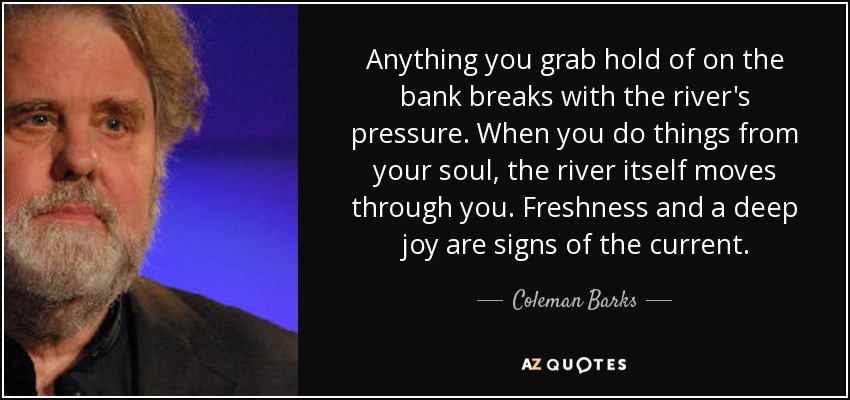 Anything you grab hold of on the bank breaks with the river's pressure. When you do things from your soul, the river itself moves through you. Freshness and a deep joy are signs of the current. - Coleman Barks