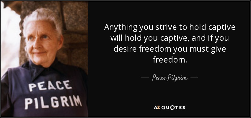 Anything you strive to hold captive will hold you captive, and if you desire freedom you must give freedom. - Peace Pilgrim