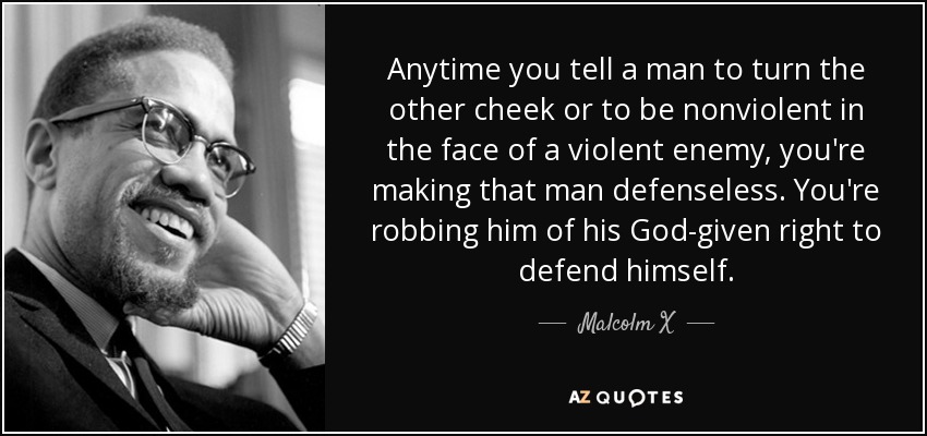 Anytime you tell a man to turn the other cheek or to be nonviolent in the face of a violent enemy, you're making that man defenseless. You're robbing him of his God-given right to defend himself. - Malcolm X