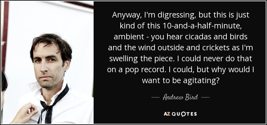 Anyway, I'm digressing, but this is just kind of this 10-and-a-half-minute, ambient - you hear cicadas and birds and the wind outside and crickets as I'm swelling the piece. I could never do that on a pop record. I could, but why would I want to be agitating? - Andrew Bird
