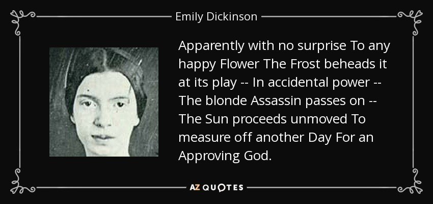 Apparently with no surprise To any happy Flower The Frost beheads it at its play -- In accidental power -- The blonde Assassin passes on -- The Sun proceeds unmoved To measure off another Day For an Approving God. - Emily Dickinson
