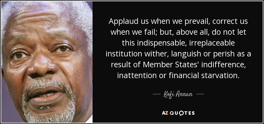 Applaud us when we prevail, correct us when we fail; but, above all, do not let this indispensable, irreplaceable institution wither, languish or perish as a result of Member States' indifference, inattention or financial starvation. - Kofi Annan