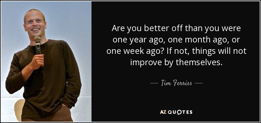 Are you better off than you were one year ago, one month ago, or one week ago? If not, things will not improve by themselves. - Tim Ferriss