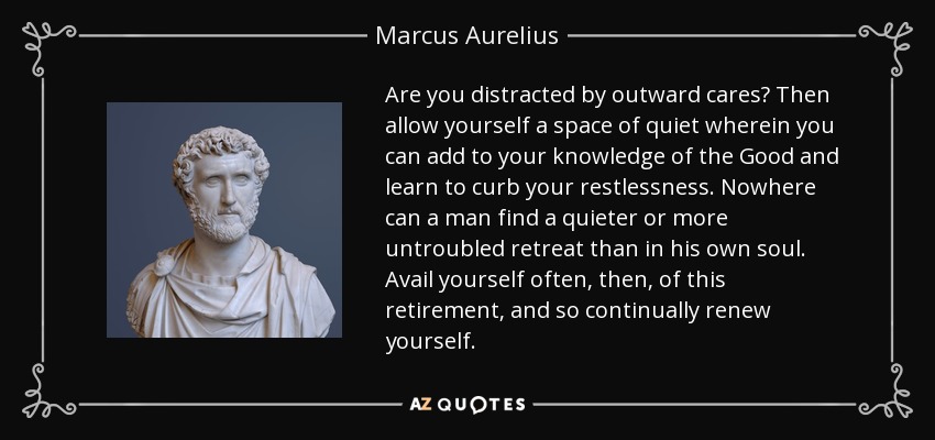 Are you distracted by outward cares? Then allow yourself a space of quiet wherein you can add to your knowledge of the Good and learn to curb your restlessness. Nowhere can a man find a quieter or more untroubled retreat than in his own soul. Avail yourself often, then, of this retirement, and so continually renew yourself. - Marcus Aurelius