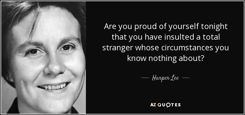 Are you proud of yourself tonight that you have insulted a total stranger whose circumstances you know nothing about? - Harper Lee