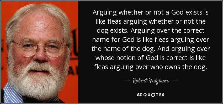 Arguing whether or not a God exists is like fleas arguing whether or not the dog exists. Arguing over the correct name for God is like fleas arguing over the name of the dog. And arguing over whose notion of God is correct is like fleas arguing over who owns the dog. - Robert Fulghum