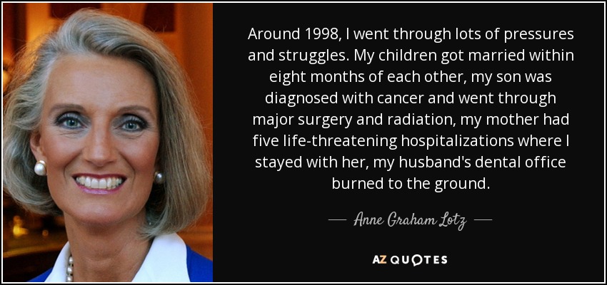 Around 1998, I went through lots of pressures and struggles. My children got married within eight months of each other, my son was diagnosed with cancer and went through major surgery and radiation, my mother had five life-threatening hospitalizations where I stayed with her, my husband's dental office burned to the ground. - Anne Graham Lotz