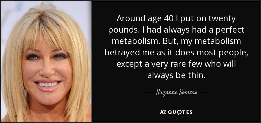 Around age 40 I put on twenty pounds. I had always had a perfect metabolism. But, my metabolism betrayed me as it does most people, except a very rare few who will always be thin. - Suzanne Somers