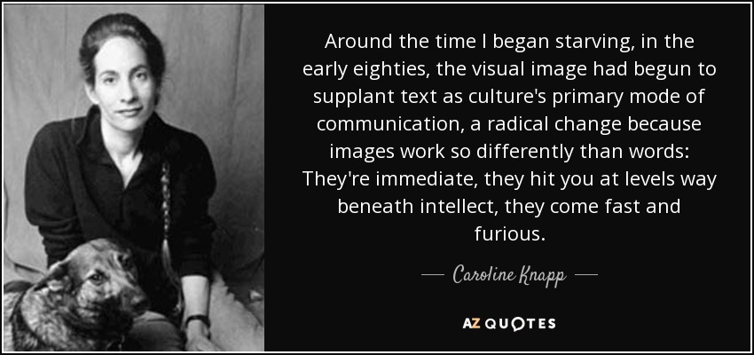 Around the time I began starving, in the early eighties, the visual image had begun to supplant text as culture's primary mode of communication, a radical change because images work so differently than words: They're immediate, they hit you at levels way beneath intellect, they come fast and furious. - Caroline Knapp