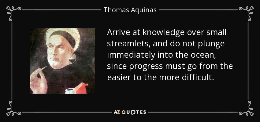 Arrive at knowledge over small streamlets, and do not plunge immediately into the ocean, since progress must go from the easier to the more difficult. - Thomas Aquinas